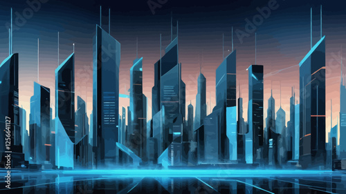 Futuristic Metropolis:  A captivating and futuristic digital illustration depicting a towering, neon-lit cityscape against a vibrant blue sky.