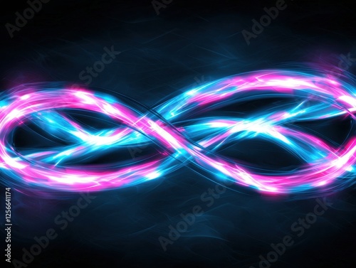 A vibrant, abstract representation of the infinity symbol, featuring swirling blue and pink light against a dark background.