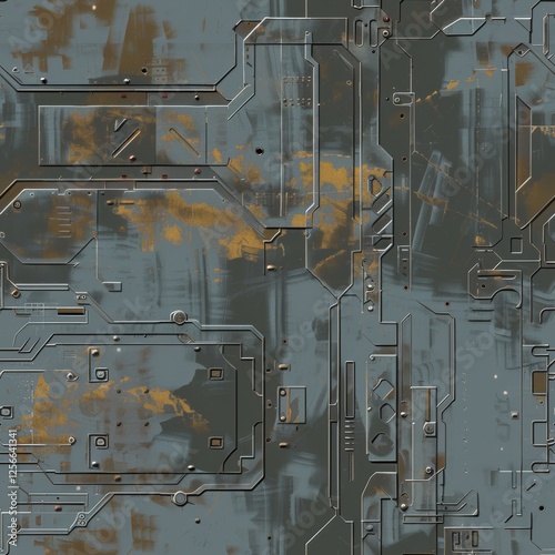 seamless sci-fi spaceship metallic texture with geometric creases and weathered details