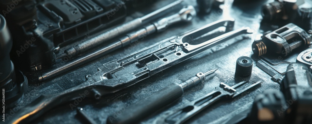 Fototapeta premium Assorted metal tools and screws on workbench surface in workshop setting