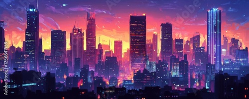 Vibrant sunset skyline with illuminated skyscrapers in silhouette photo