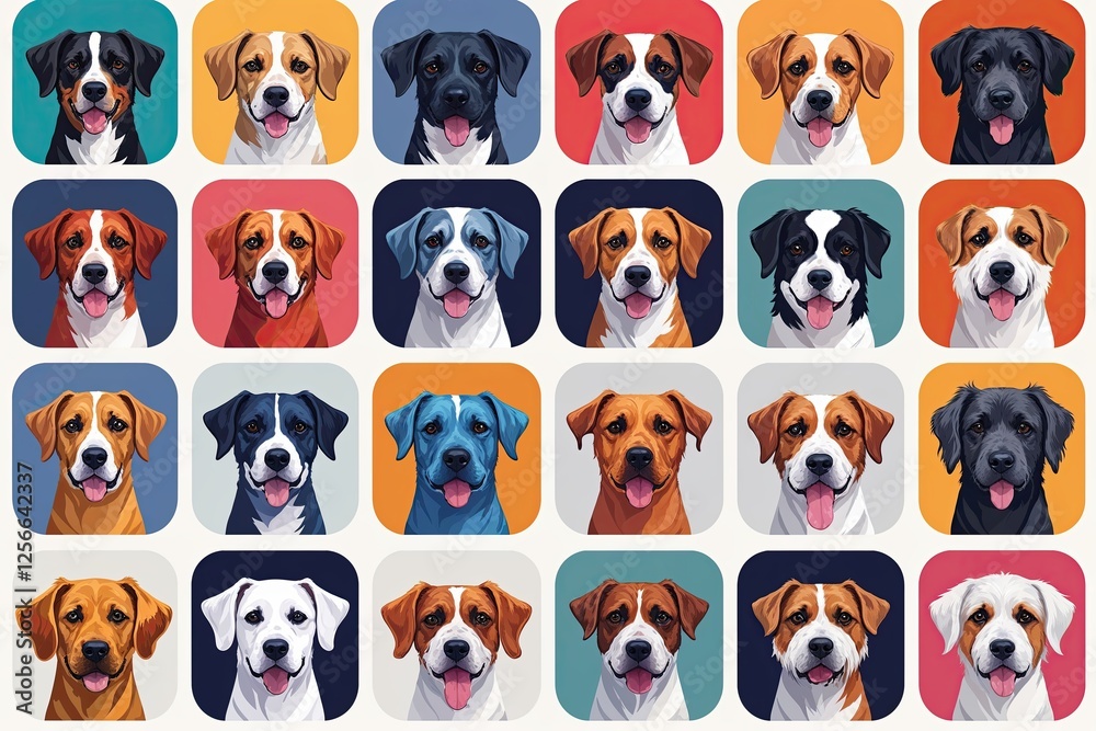 Vibrant and Creative Dog Avatar Icon Collection Showcasing Unique Breed Artwork Vibrant and Creative Dog Avatar Icon Collection Showcasing Unique Breed Artwork