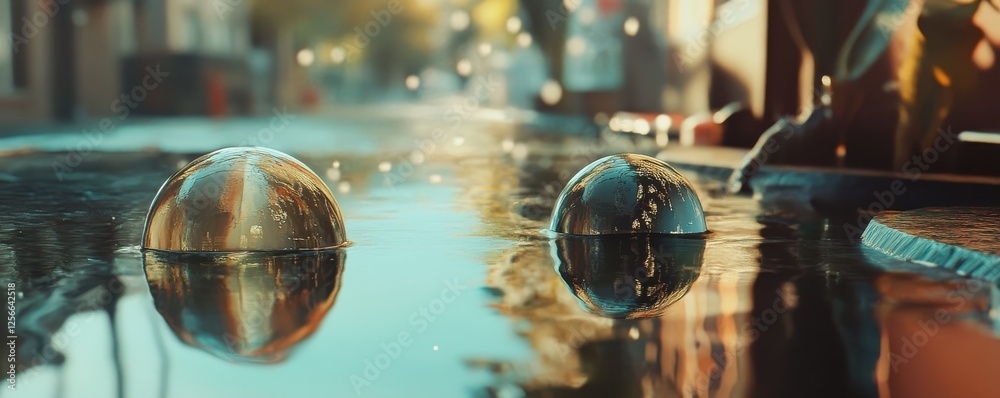Calm reflections: transparent bubbles floating on a tranquil urban street water surface Calm reflections: transparent bubbles floating on a tranquil urban street water surface