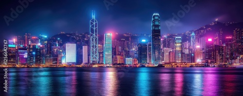 Vibrant hong kong skyline at night with neon reflections on water photo