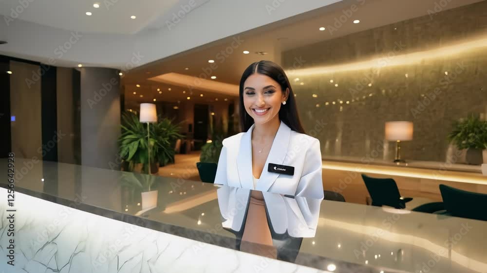 Elegant receptionist woman welcoming guests at luxury hotel front desk. Smiling hospitality professional providing customer service in modern interior. Concept of premium service, warm hospitality