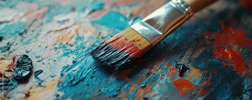Fototapeta premium Close-up of paintbrush on colorful textured acrylic canvas