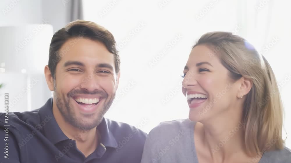 Happy couple laughing together in a bright and cozy home. Cheerful man and woman enjoying fun moment, sharing love and joy. Concept of happiness, relationships, positive emotions, love, togetherness Happy couple laughing together in a bright and cozy home. Cheerful man and woman enjoying fun moment, sharing love and joy. Concept of happiness, relationships, positive emotions, love, togetherness