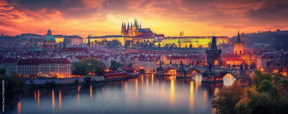 Naklejka premium Sunset view of prague castle and charles bridge over vltava river