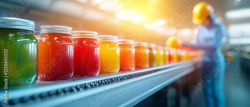 An industrial scene featuring colorful jars on a production line under warm lighting, emphasizing teamwork and efficiency. photo