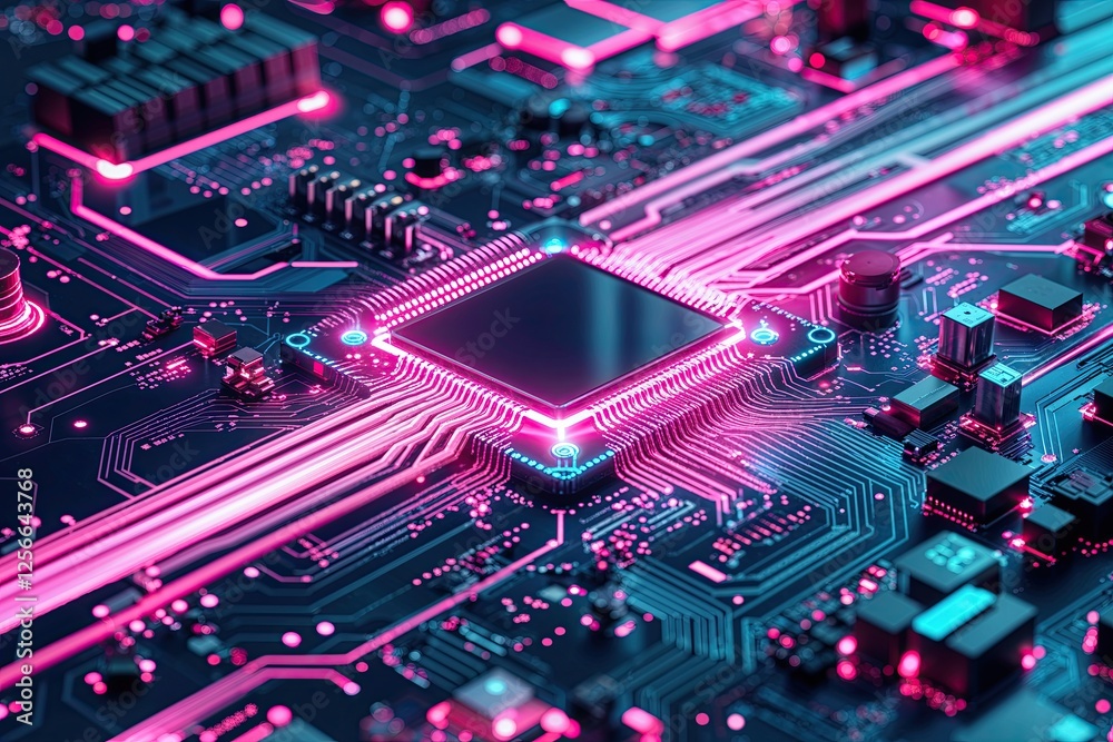 Fototapeta premium Futuristic Circuit Board Background with Vibrant Pink Patterns and Quantum Technology Artwork