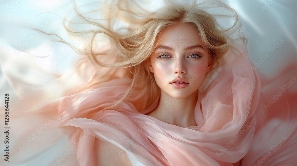 Beautiful blonde woman lying on pink fabric Beautiful blonde woman lying on pink fabric