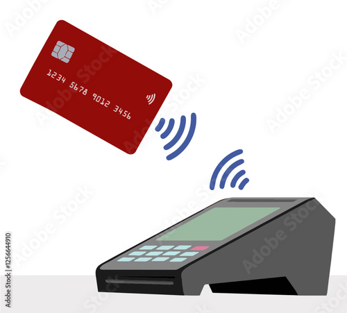 A credit card and touchless NFC credit card reader are seen in action in a vector illustration .