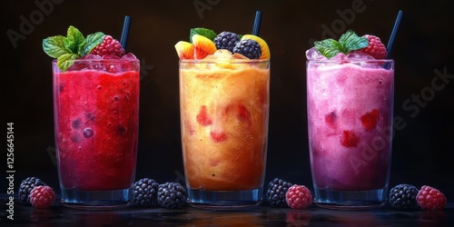 Refreshing fruit smoothies in vibrant colors served in glasses with garnishes on a dark background