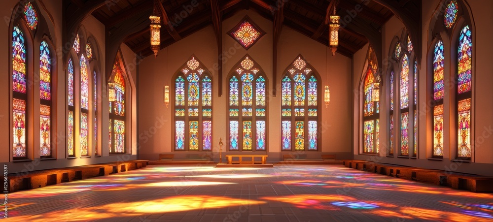 Obraz premium A prayer hall with high ceilings and stained glass reflections crisp edges