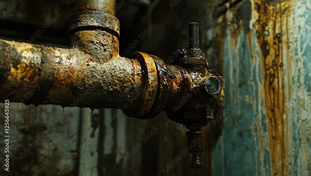 Rusty, Corroded Plumbing Fixture in a Dark, Damp, and Aging Interior Rusty, Corroded Plumbing Fixture in a Dark, Damp, and Aging Interior