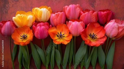 Vibrant Tulip Bouquet Against an Earthy Background: A Colorful Display of Spring Flowers Capturing Nature's Beauty in Fresh and Lively Hues