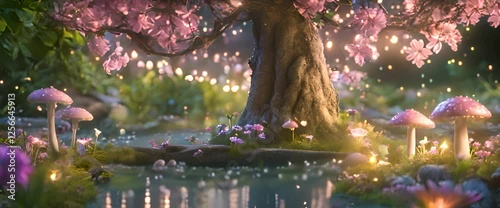 A magical secret fairy garden, bathed in moonlight, with sparkling dew on vibrant flowers