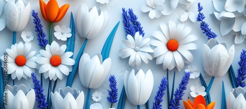 A vibrant 3D paper-cut style illustration featuring tulips, daisies, and lavender in a spring-inspired arrangement with festive colors. Floral design and seasonal celebration concept.