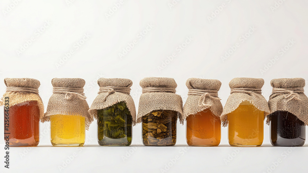 Assortment of Honey Jars with Burlap Covers on White Background Assortment of Honey Jars with Burlap Covers on White Background