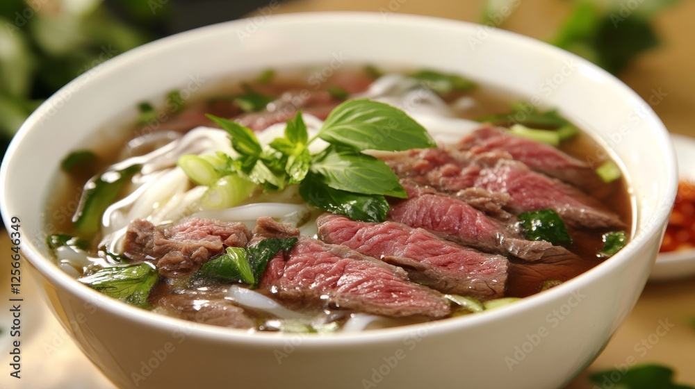 Image of rice and Vietnamese pho with beef slices and fresh herbs in a traditional bowl, emphasizing aromatic and savory qualities. Ideal for Vietnamese cuisine and comfort meals. Image of rice and Vietnamese pho with beef slices and fresh herbs in a traditional bowl, emphasizing aromatic and savory qualities. Ideal for Vietnamese cuisine and comfort meals.