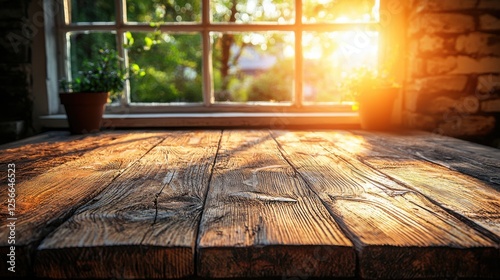 Rustic Wooden Table by the Window, Sunlit