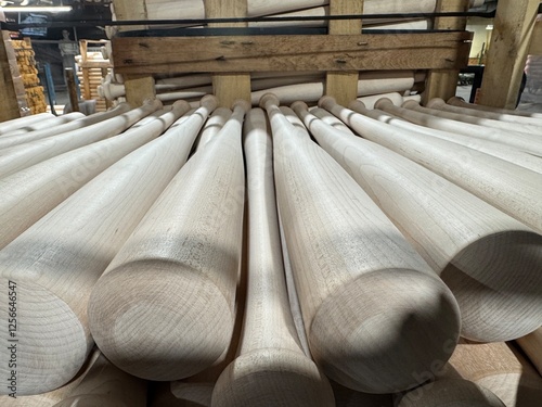 Quality wooden baseball bats stacked in a bat factory during daytime production process