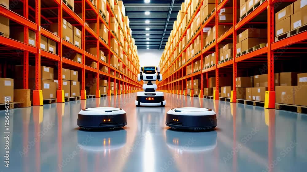 Autonomous robots navigating a modern warehouse filled with stacked ...