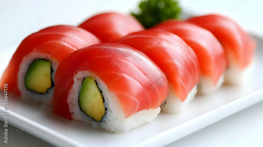 A close-up view of sushi rolls featuring fresh salmon and avocado, beautifully arranged on a white plate. A close-up view of sushi rolls featuring fresh salmon and avocado, beautifully arranged on a white plate.