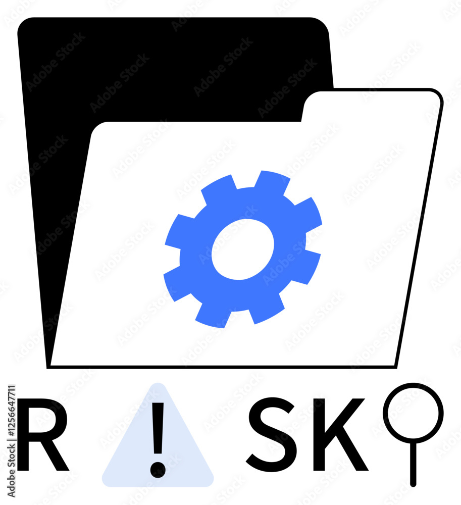 Folder with blue gear, magnifying glass, and exclamation mark. Ideal for business strategy, risk assessment, project management, quality control, data analysis security and productivity . Line Folder with blue gear, magnifying glass, and exclamation mark. Ideal for business strategy, risk assessment, project management, quality control, data analysis security and productivity . Line