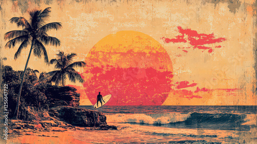 Retro surfer at sunset over ocean with tropical palms.