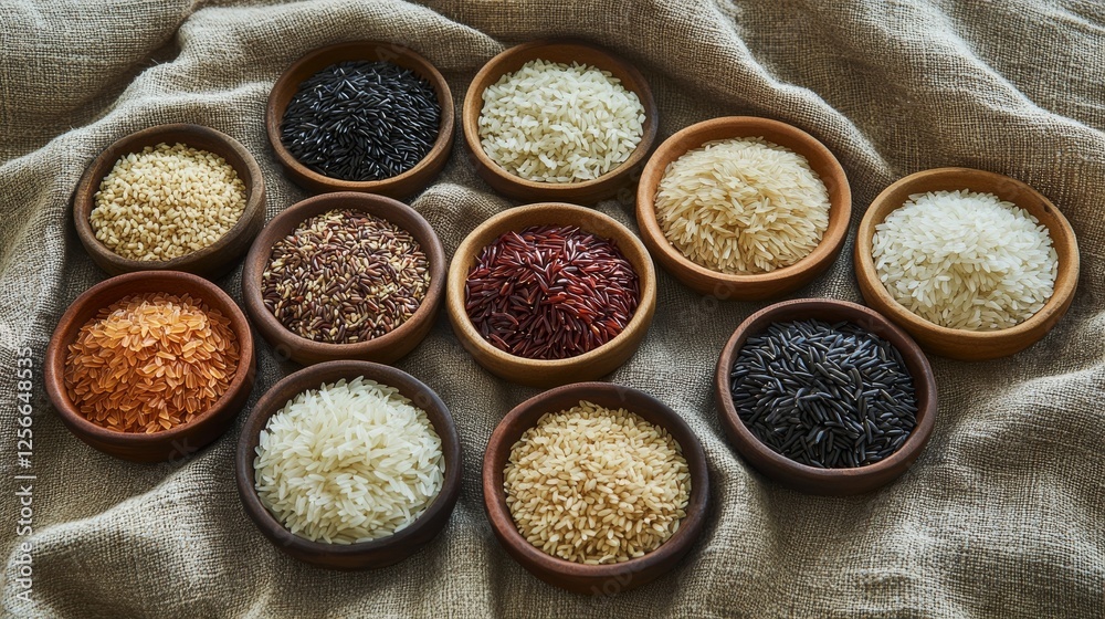 Mixed rice varieties in small bowls on a textured cloth, highlighting diversity and texture of different rice types. Ideal for food variety showcases and ingredient comparisons. Mixed rice varieties in small bowls on a textured cloth, highlighting diversity and texture of different rice types. Ideal for food variety showcases and ingredient comparisons.