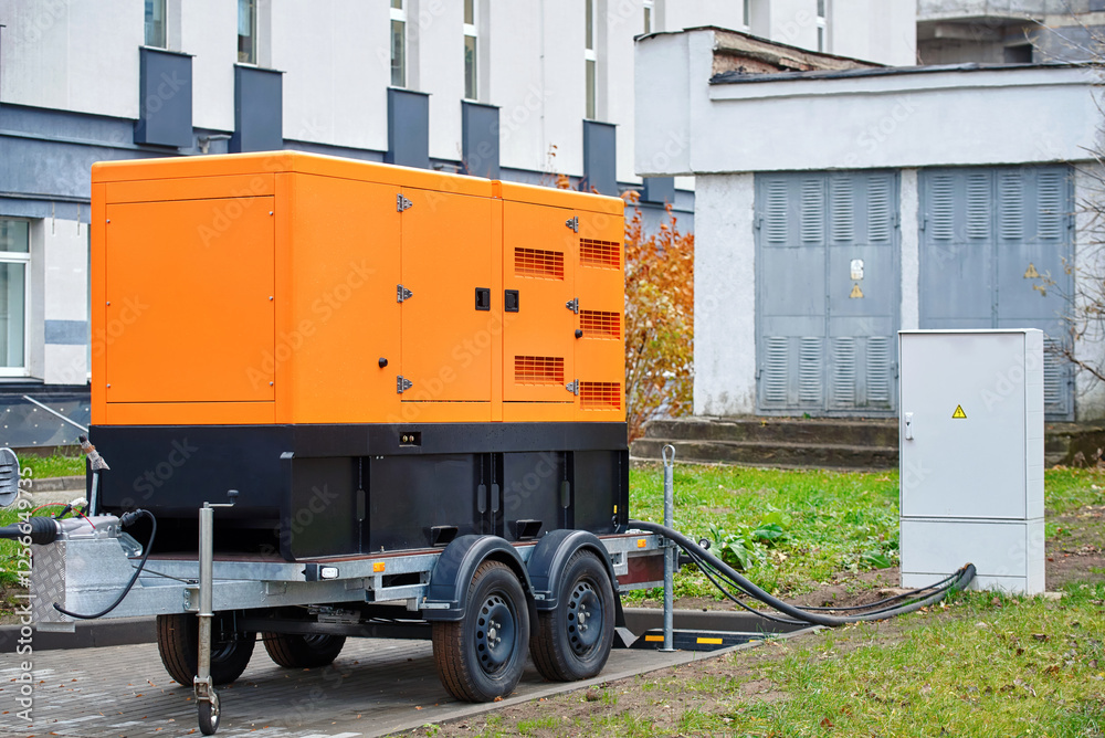 Industrial diesel generator connected to power distribution box. Backup generator on trailer supplying emergency power, industrial energy solutions and temporary electricity distribution.