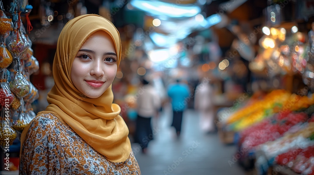 Smiling young woman in hijab at marketplace. Smiling young woman in hijab at marketplace.