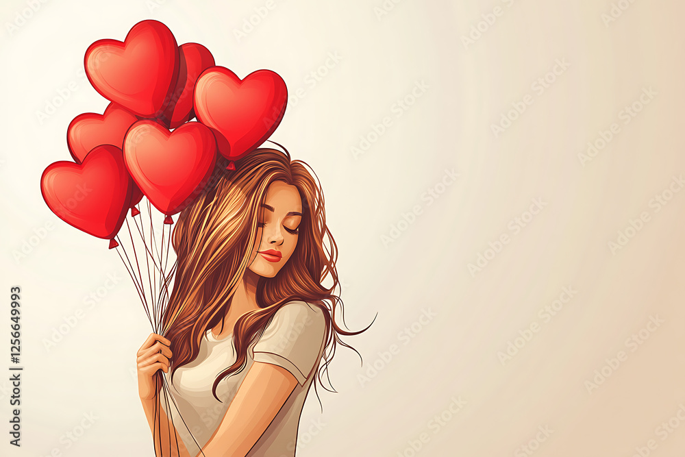 Young woman holding heart-shaped balloons, expressing joy in a soft, warm-toned background Young woman holding heart-shaped balloons, expressing joy in a soft, warm-toned background