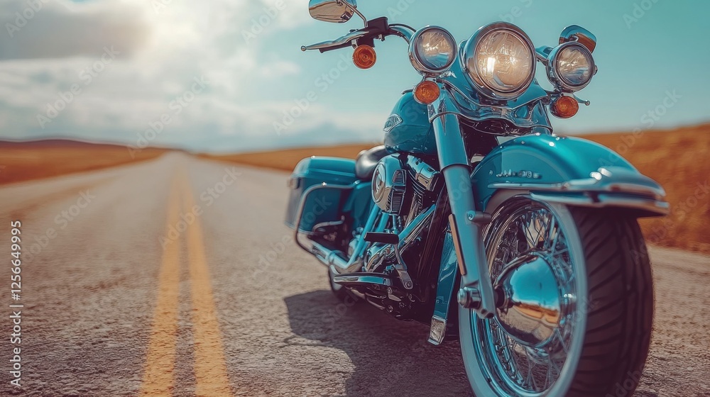 Naklejka premium Classic Motorcycle on Open Road Under Clear Skies, Showcasing Chrome Details and Vibrant Color, Perfect for Automotive and Travel Enthusiasts