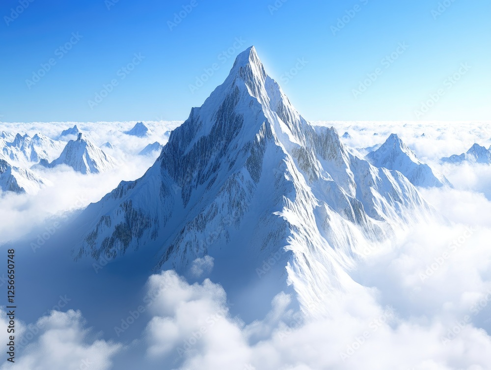 Majestic Snow-Capped Mountain Peak Piercing Through the Sea of Clouds Majestic Snow-Capped Mountain Peak Piercing Through the Sea of Clouds