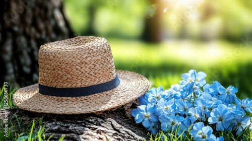 Serene Spring Landscape with Blue Flowers and a Woven Hat by a Tree in Soft Lighting Capturing the Essence of Nature's Beauty