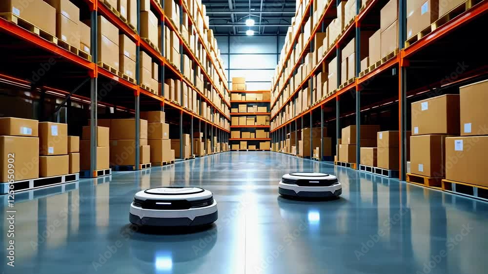 Autonomous robots navigating a warehouse aisle filled with stacked ...