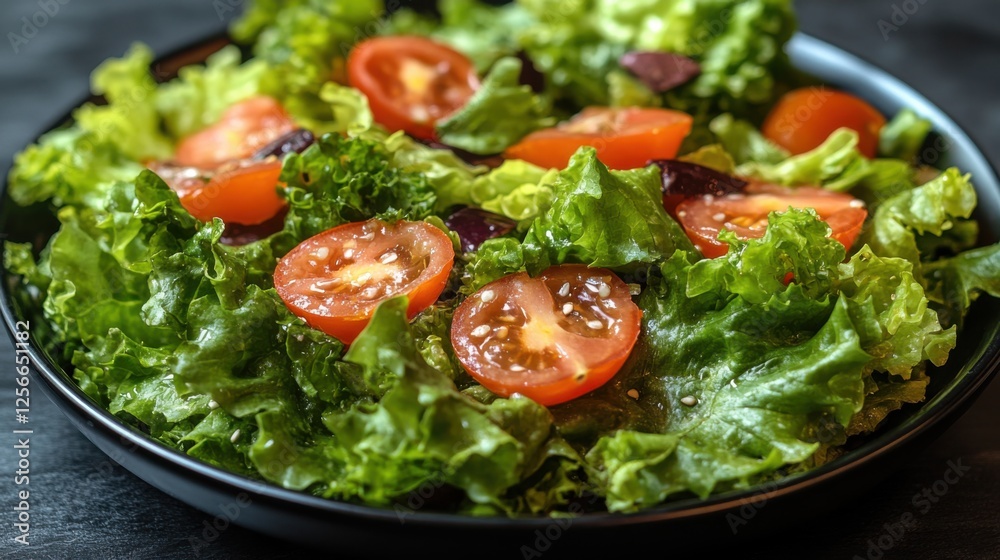 Fresh Organic Salad with Crisp Lettuce and Juicy Cherry Tomatoes Presented in a Black Bowl, Perfect for Healthy Meal Options and Culinary Inspiration Fresh Organic Salad with Crisp Lettuce and Juicy Cherry Tomatoes Presented in a Black Bowl, Perfect for Healthy Meal Options and Culinary Inspiration