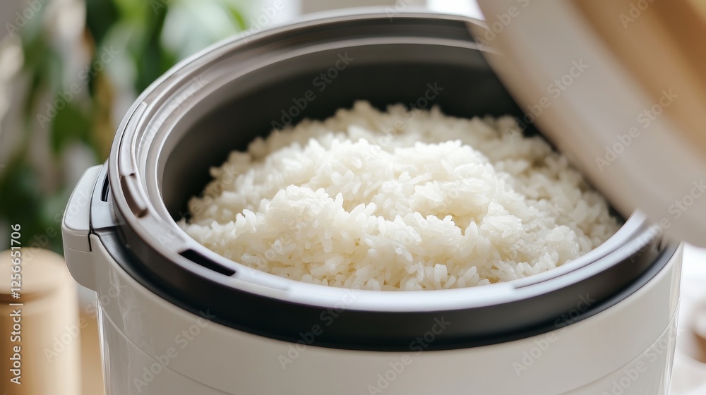 Modern rice cooker with freshly cooked rice. Emphasizing convenience and modern cooking technology. Ideal for appliance advertisements and cooking blogs. Modern rice cooker with freshly cooked rice. Emphasizing convenience and modern cooking technology. Ideal for appliance advertisements and cooking blogs.