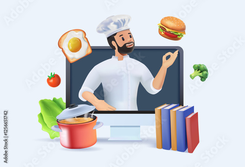 Online cooking course, internet recipe. Virtual digital culinary school concept. Internet restaurant business with chef peeking out of screen. 3D vector illustration isolated on background