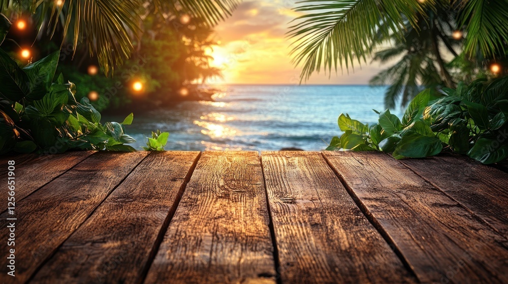 Serene sunset over a tranquil beach with lush greenery framing a wooden deck by the ocean Serene sunset over a tranquil beach with lush greenery framing a wooden deck by the ocean