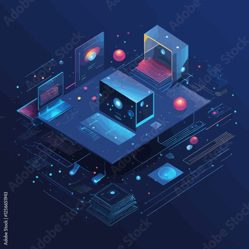 Futuristic Tech World: A mesmerizing vector illustration of an intricate network of interconnected digital devices and interfaces. This art piece depicts a futuristic tech world.