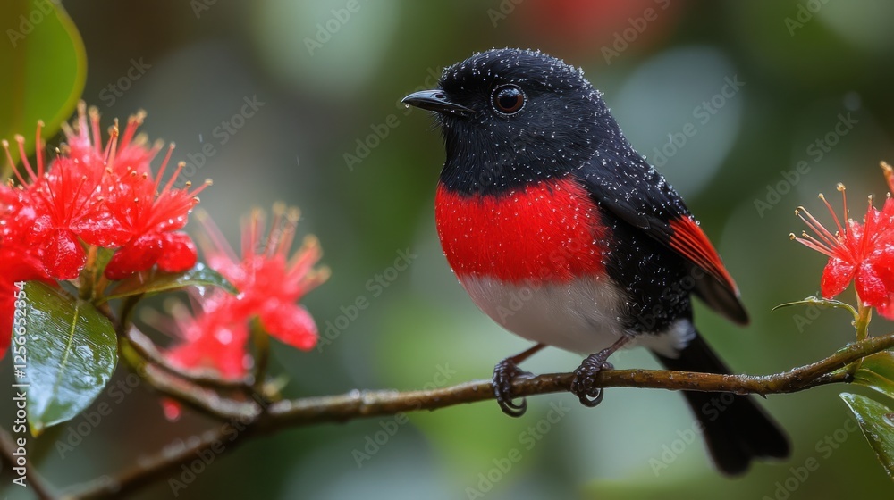 Fototapeta premium A Vibrant Bird of Paradise Perched on a Branch Surrounded by Dew-Kissed Flowers in a Lush Green Space, Capturing Nature's Beauty