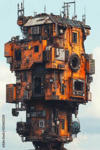 Rustic orange futuristic building with intricate details and antennas against a cloudy sky in a dystopian urban environment