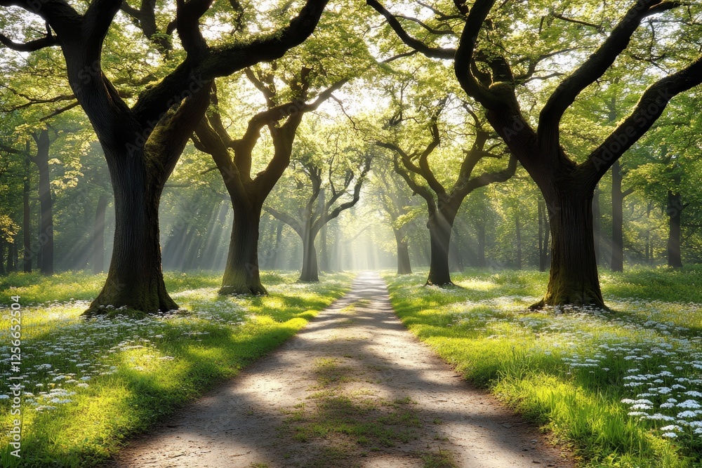 Fototapeta premium Sunbeams Through Spring Trees, Serene Forest Path, Tranquil Nature Background, Sunlight in Woodland