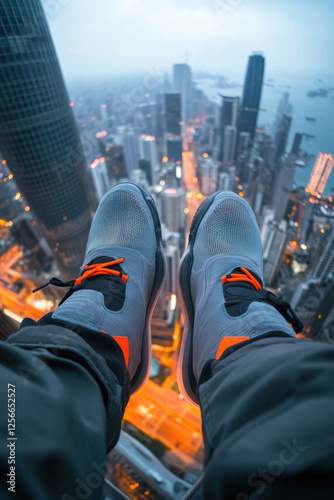 Aerial view of cityscape with person wearing stylish sneakers on skyscraper edge at dusk overlooking urban skyline photo