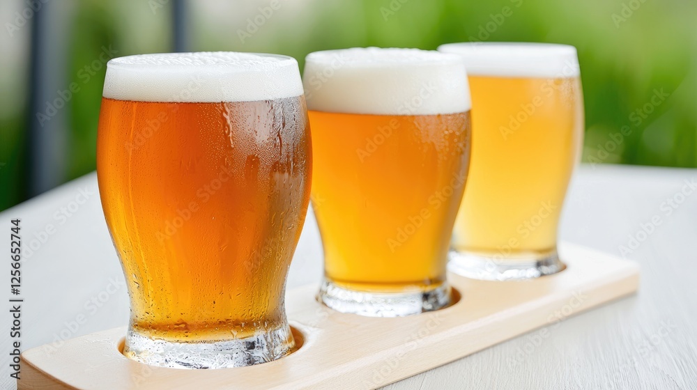 Three beer tasting glasses on a wooden tray outdoors Three beer tasting glasses on a wooden tray outdoors
