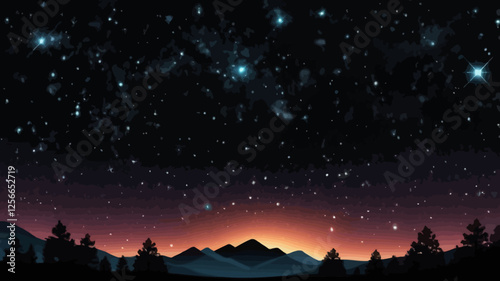 Night Sky Over Mountains: A captivating panorama of a star-studded night sky above a silhouette of mountain ranges, bathed in a soft, warm glow of twilight, evokes a sense of awe and wonder.