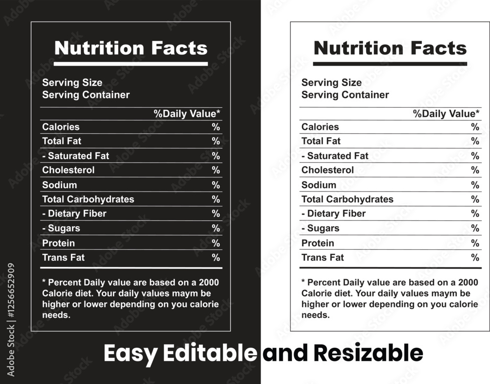 Supplement facts and vitamin facts template, nutrition facts template illustration